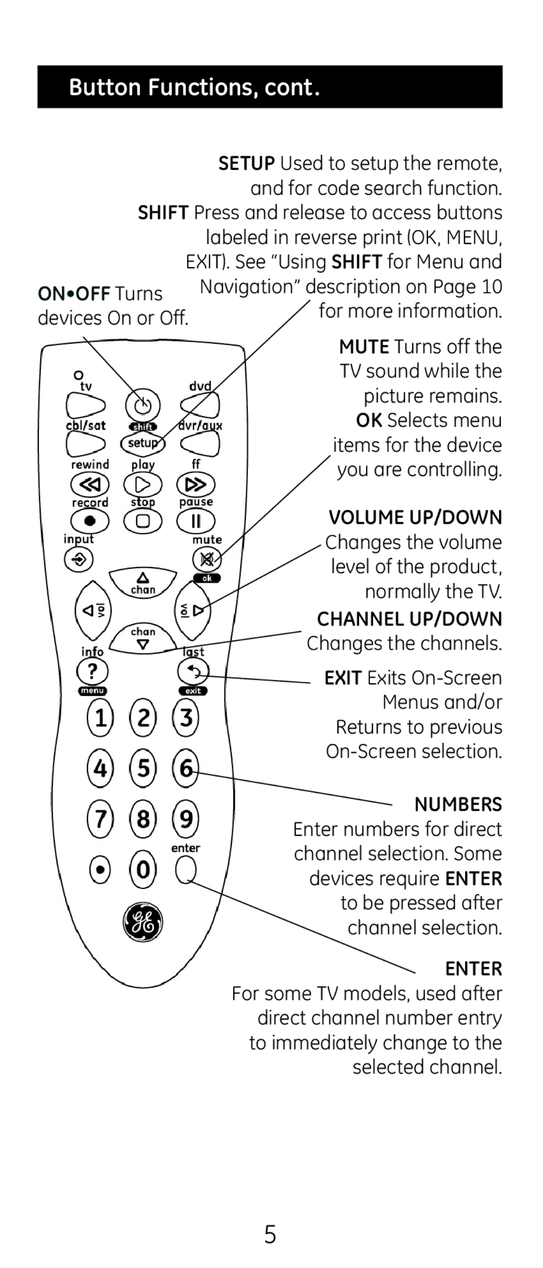 GE 24914 instruction manual Button Functions, Onoff Turns 