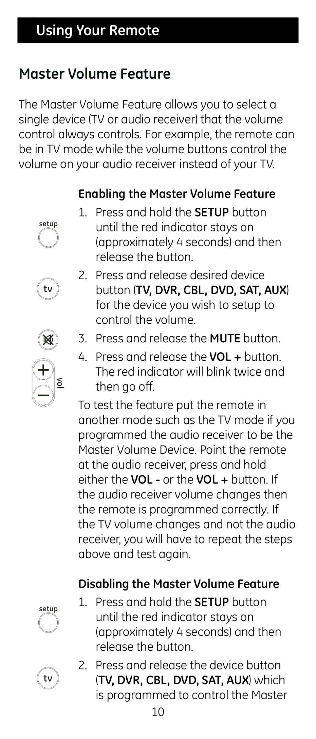 GE 24922 instruction manual Using Your Remote, Master Volume Feature 