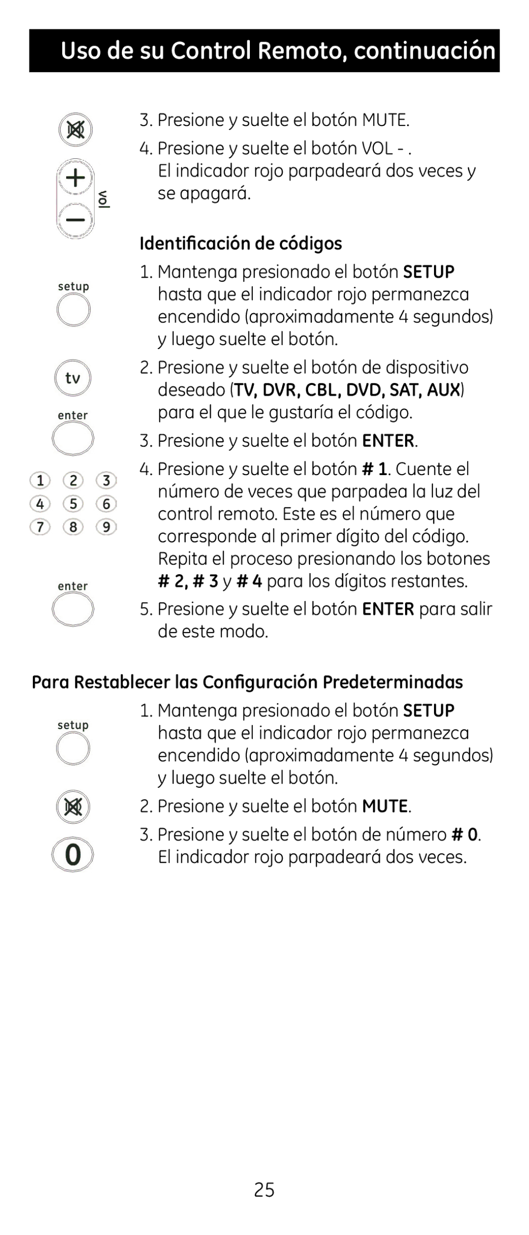 GE 24922 instruction manual Identificación de códigos, Para Restablecer las Configuración Predeterminadas 