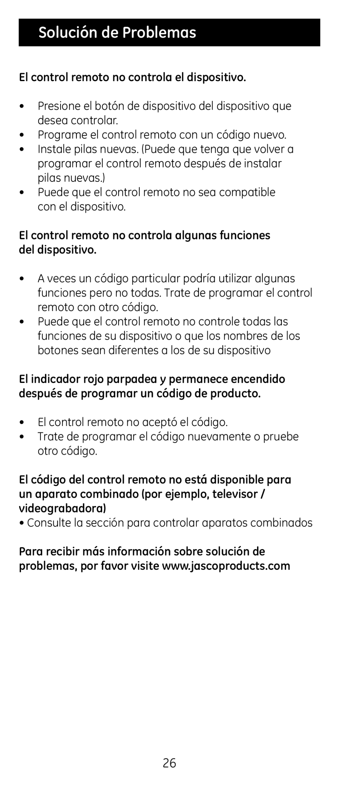 GE 24922 instruction manual Solución de Problemas, El control remoto no controla el dispositivo 