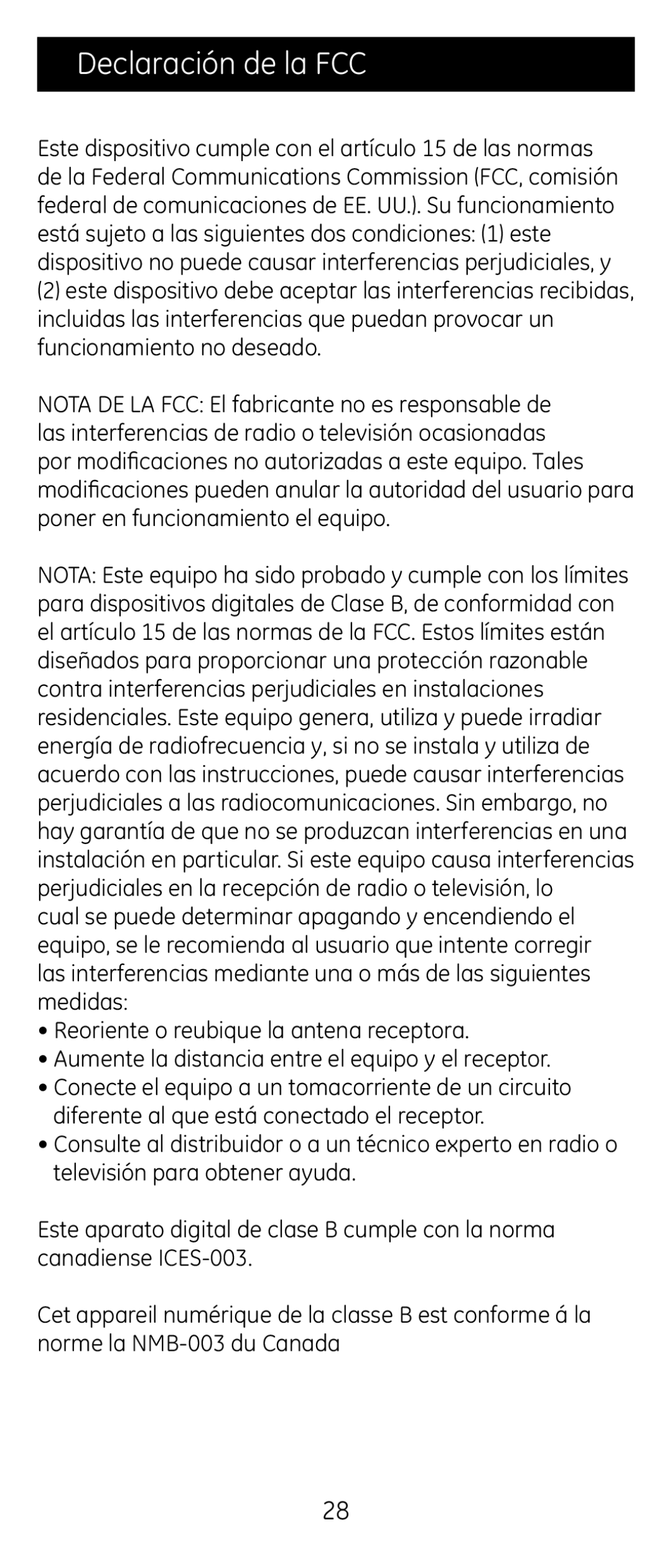 GE 24922 instruction manual Declaración de la FCC 