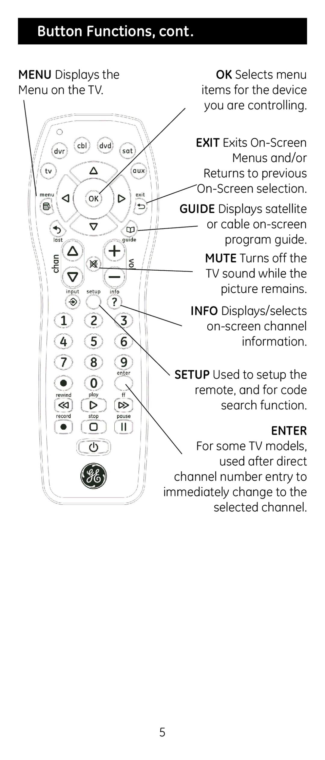 GE 24922 instruction manual Button Functions, Enter 