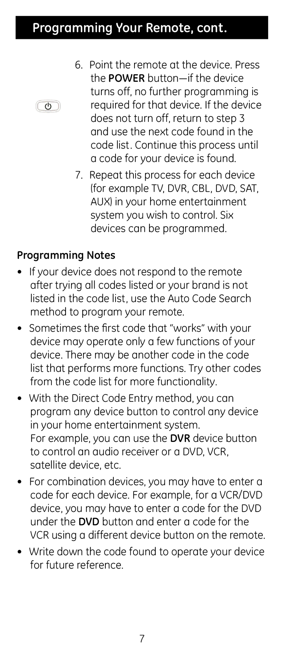 GE 24922 instruction manual Programming Your Remote, Programming Notes 