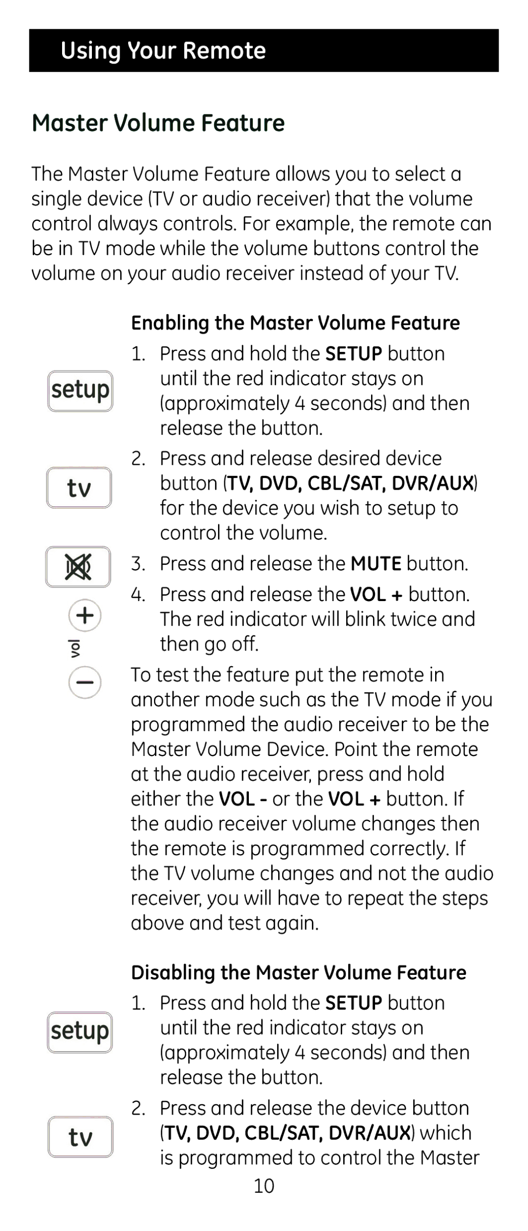 GE 24929 instruction manual Using Your Remote, Enabling the Master Volume Feature, Disabling the Master Volume Feature 