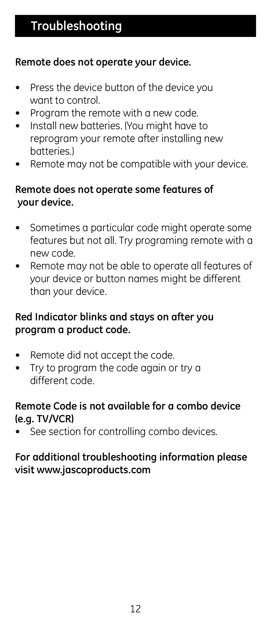 GE 24929 Troubleshooting, Remote does not operate your device, Remote does not operate some features of your device 