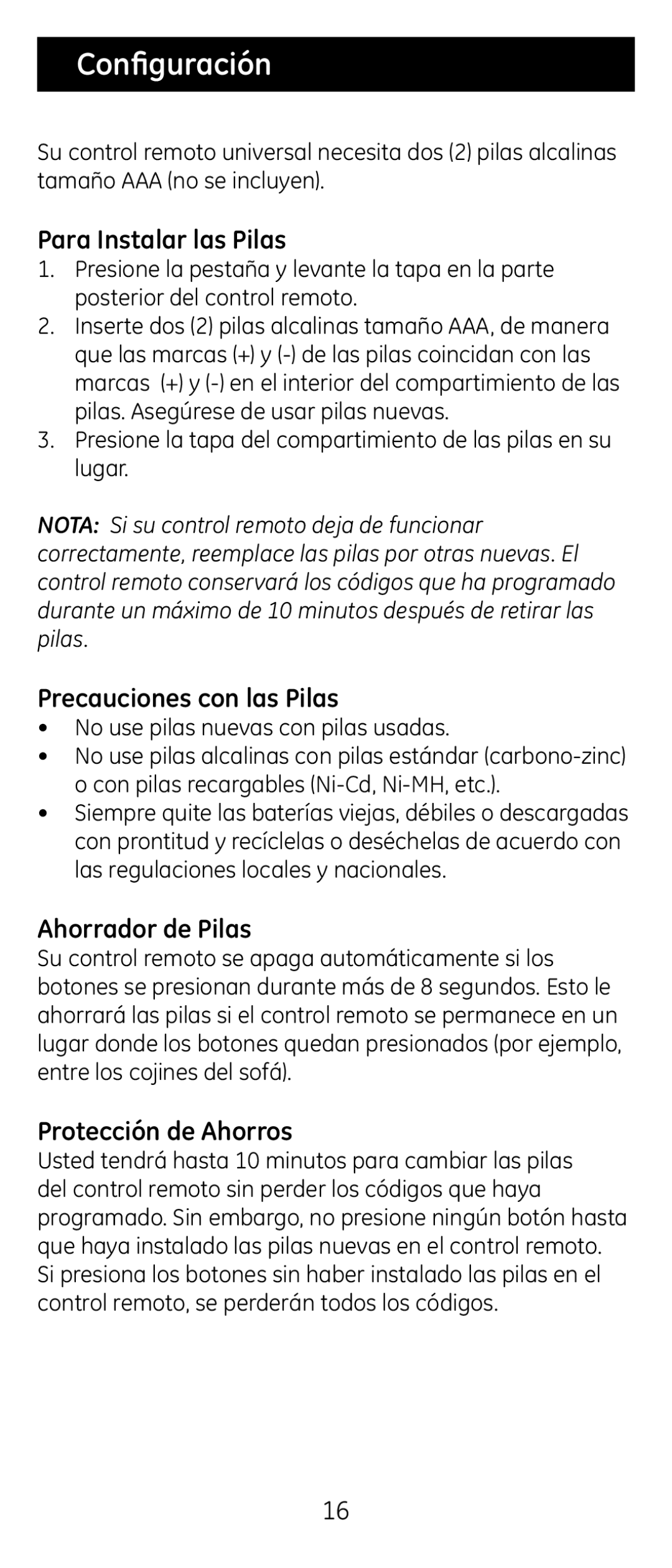 GE 24929 Configuración, Para Instalar las Pilas, Precauciones con las Pilas, Ahorrador de Pilas, Protección de Ahorros 