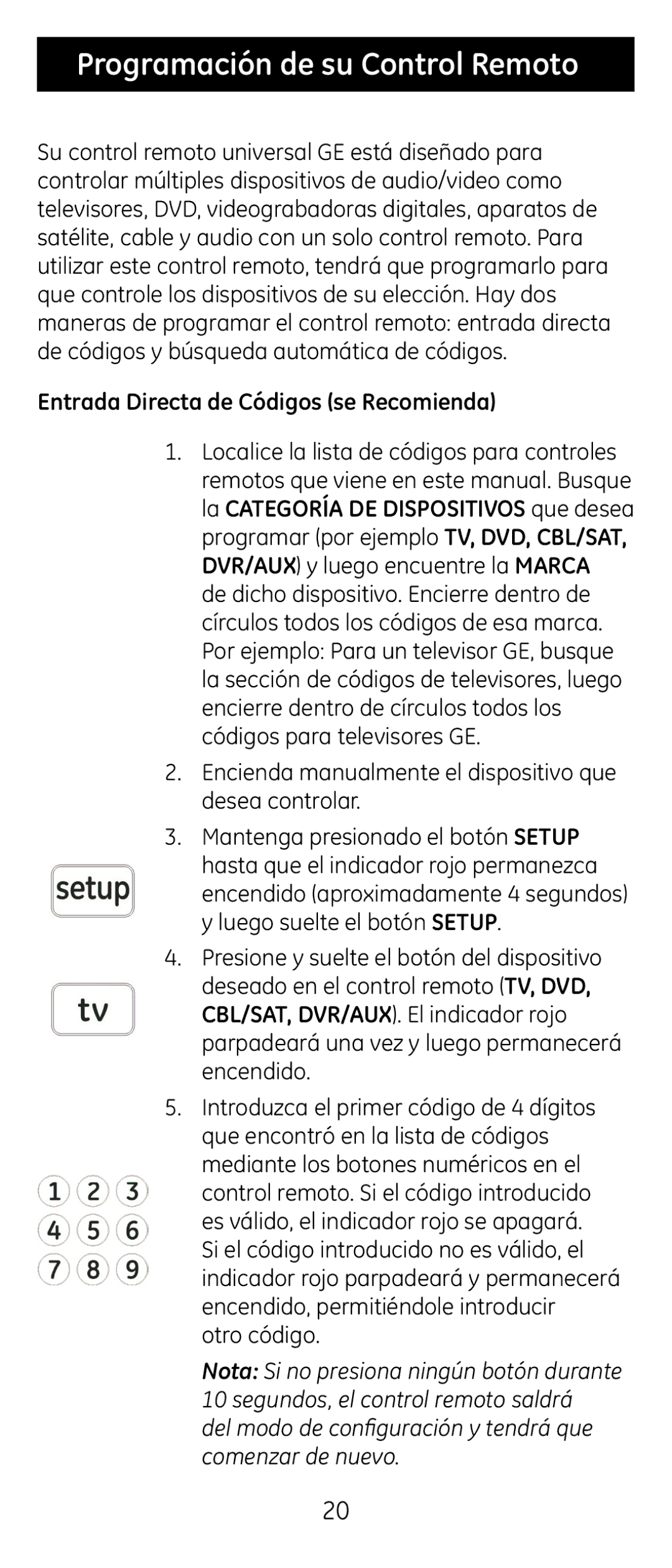 GE 24929 instruction manual Programación de su Control Remoto, Entrada Directa de Códigos se Recomienda 