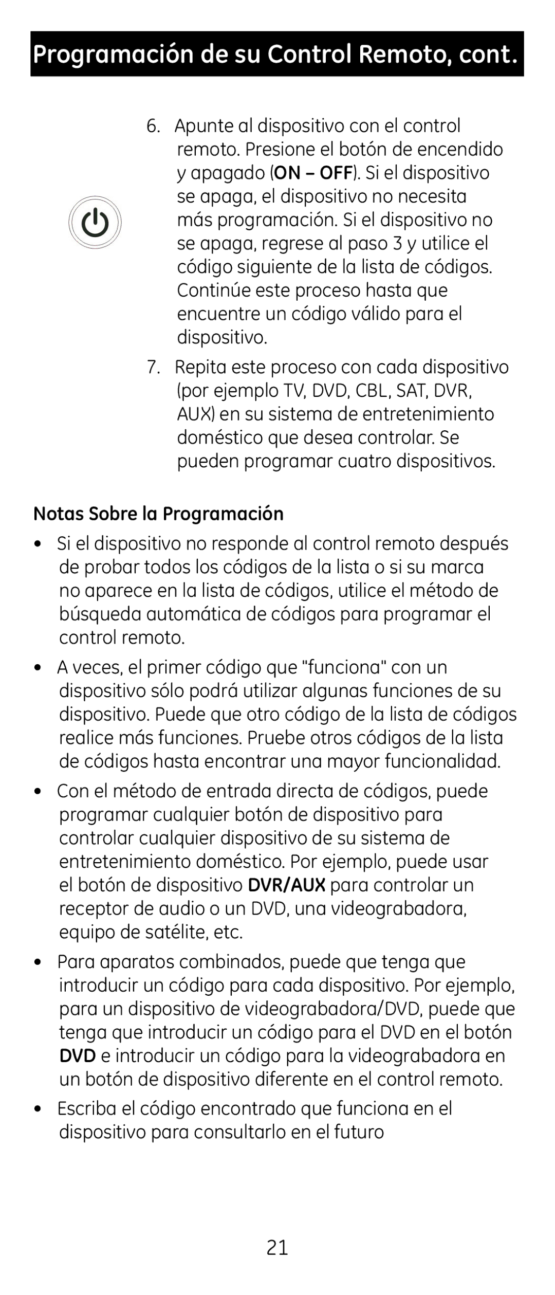 GE 24929 instruction manual Programación de su Control Remoto, Notas Sobre la Programación 