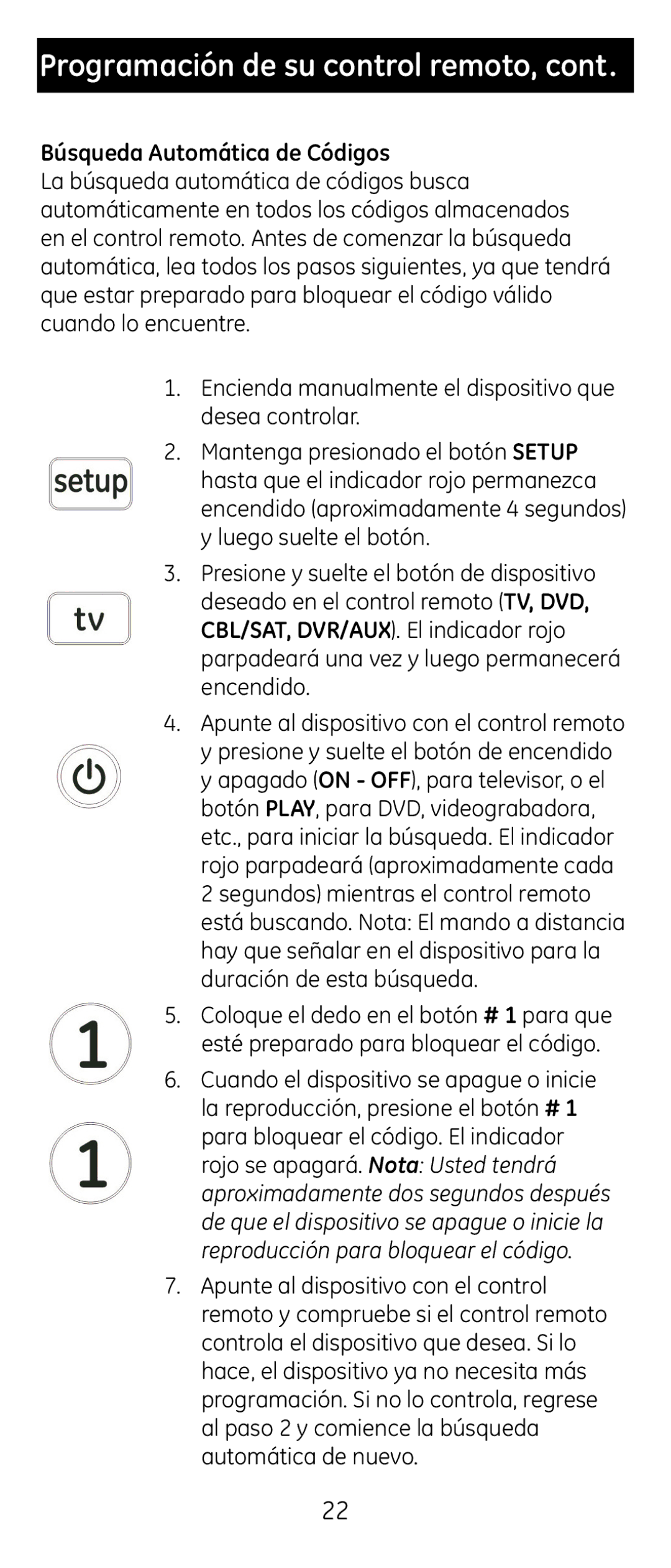 GE 24929 instruction manual Programación de su control remoto, Búsqueda Automática de Códigos 