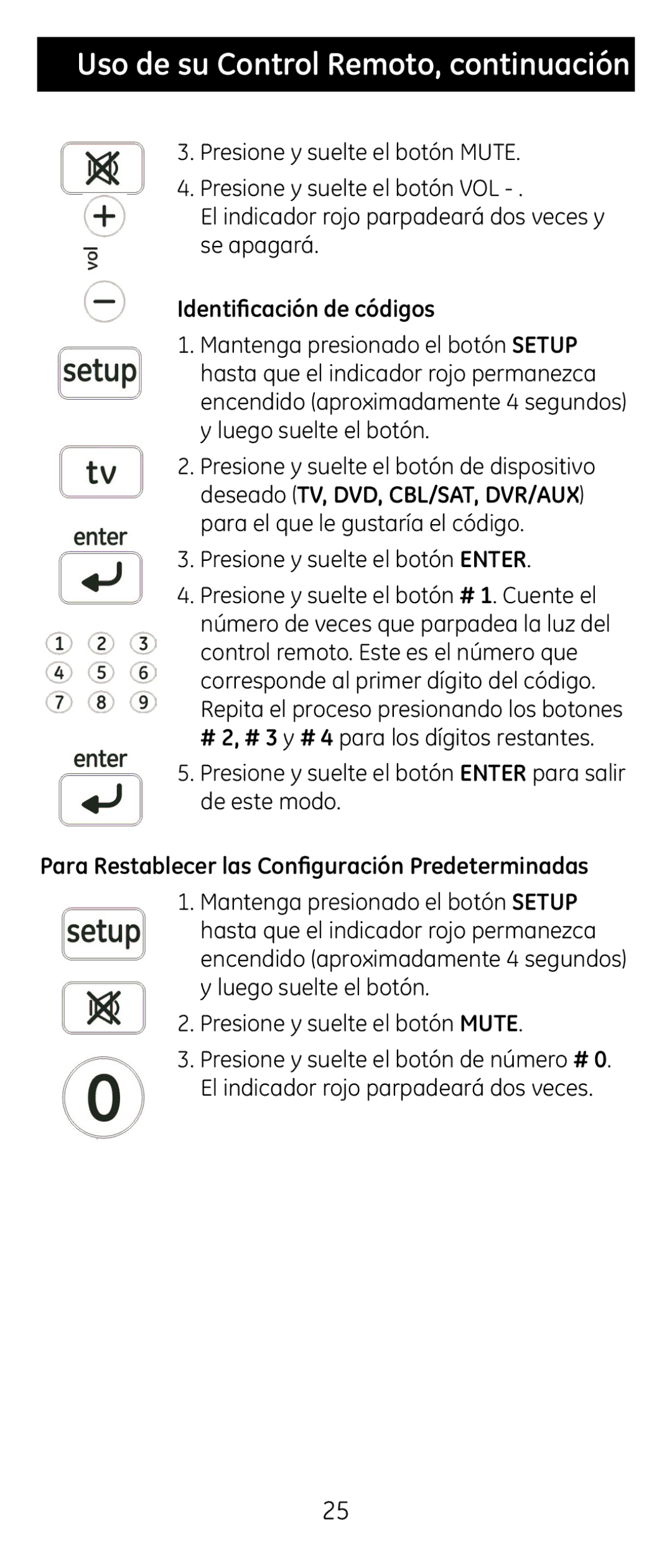 GE 24929 instruction manual Identificación de códigos, Para Restablecer las Configuración Predeterminadas 