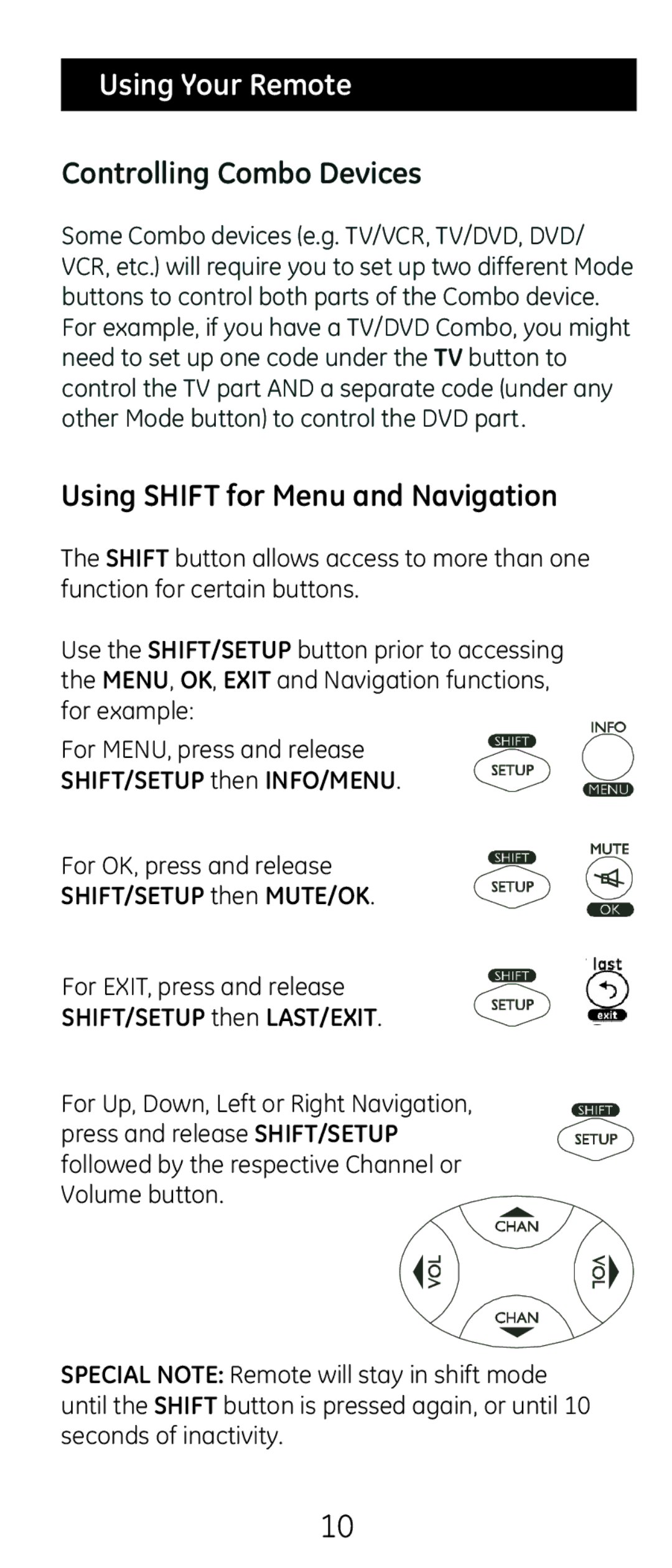 GE 24938 instruction manual Using Your Remote, SHIFT/SETUP then MUTE/OK, SHIFT/SETUP then LAST/EXIT 