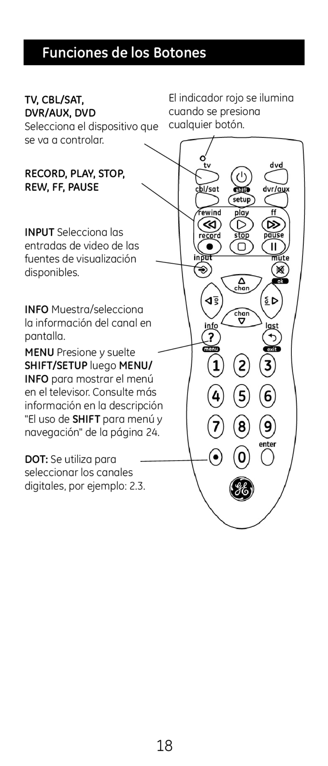 GE 24938 instruction manual Funciones de los Botones, RECORD, PLAY, Stop REW, FF, Pause 