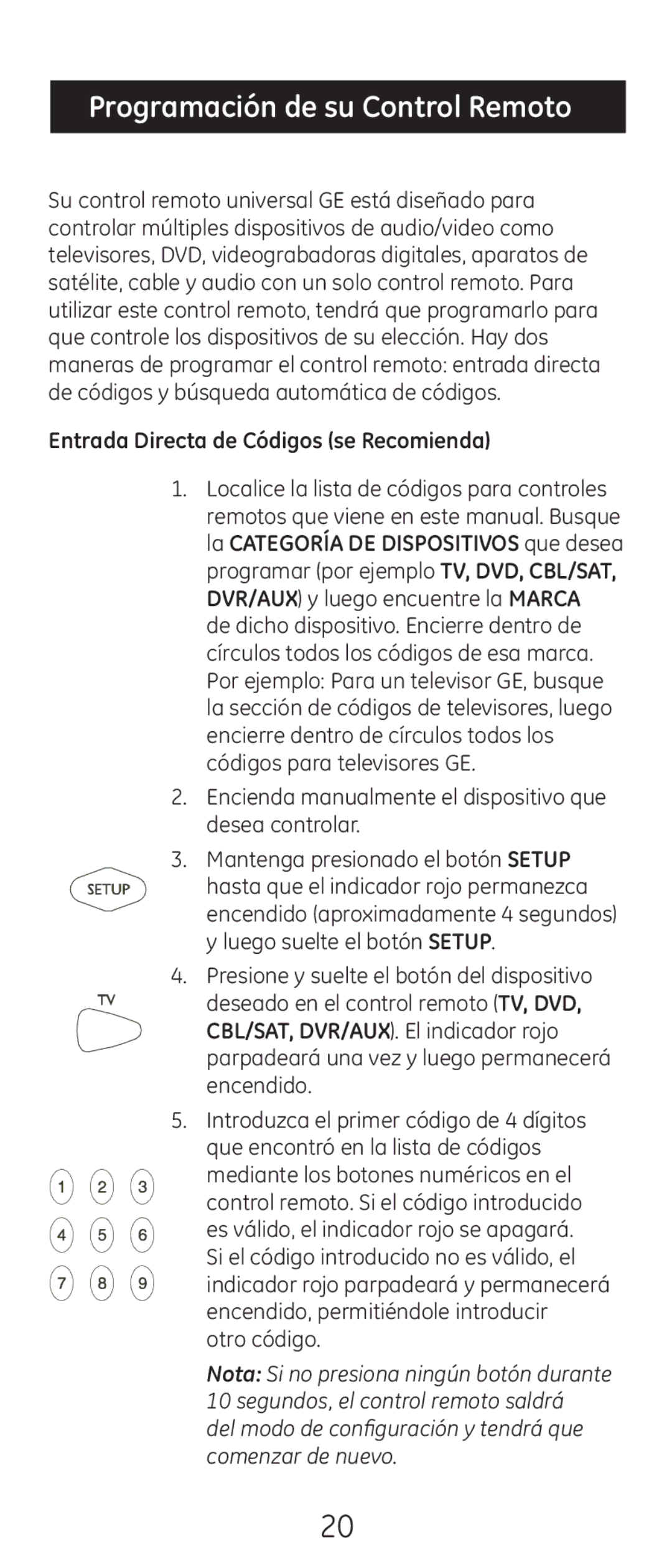 GE 24938 instruction manual Programación de su Control Remoto, Entrada Directa de Códigos se Recomienda 