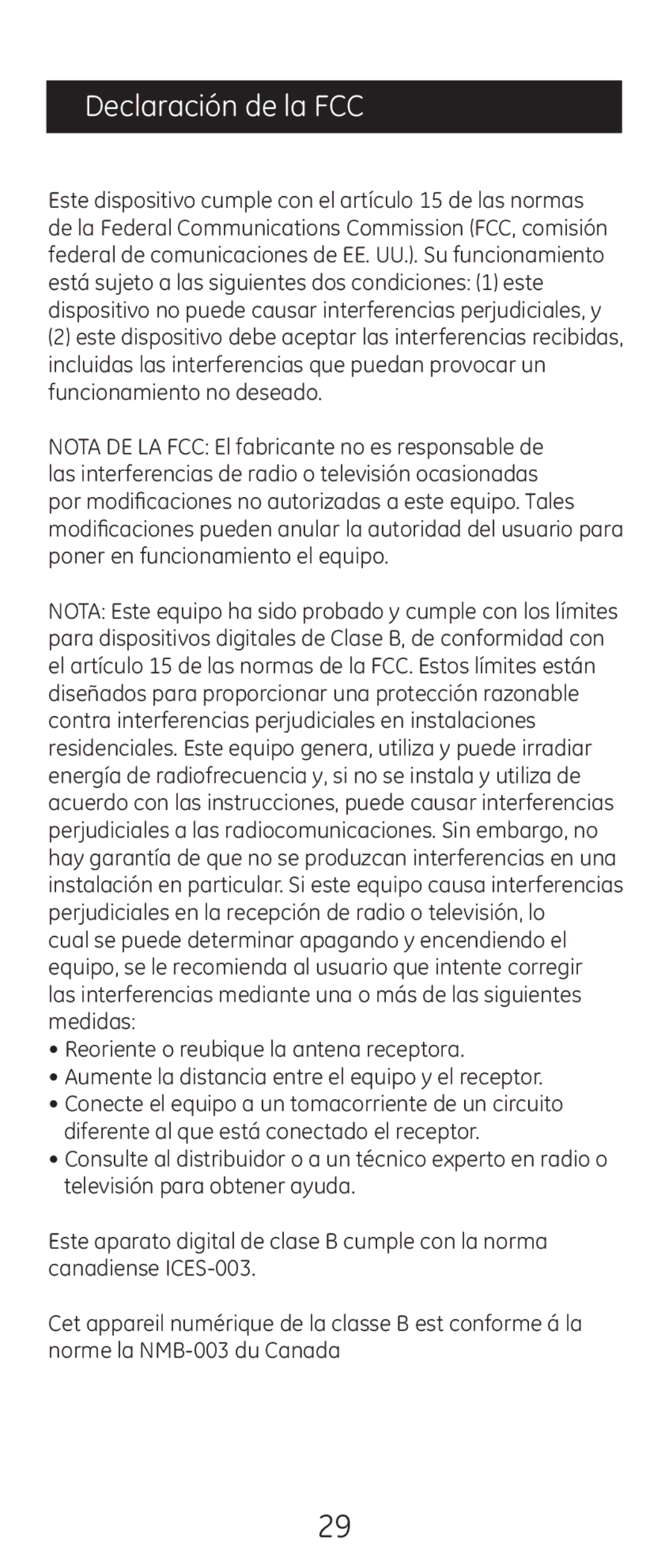 GE 24938 instruction manual Declaración de la FCC 