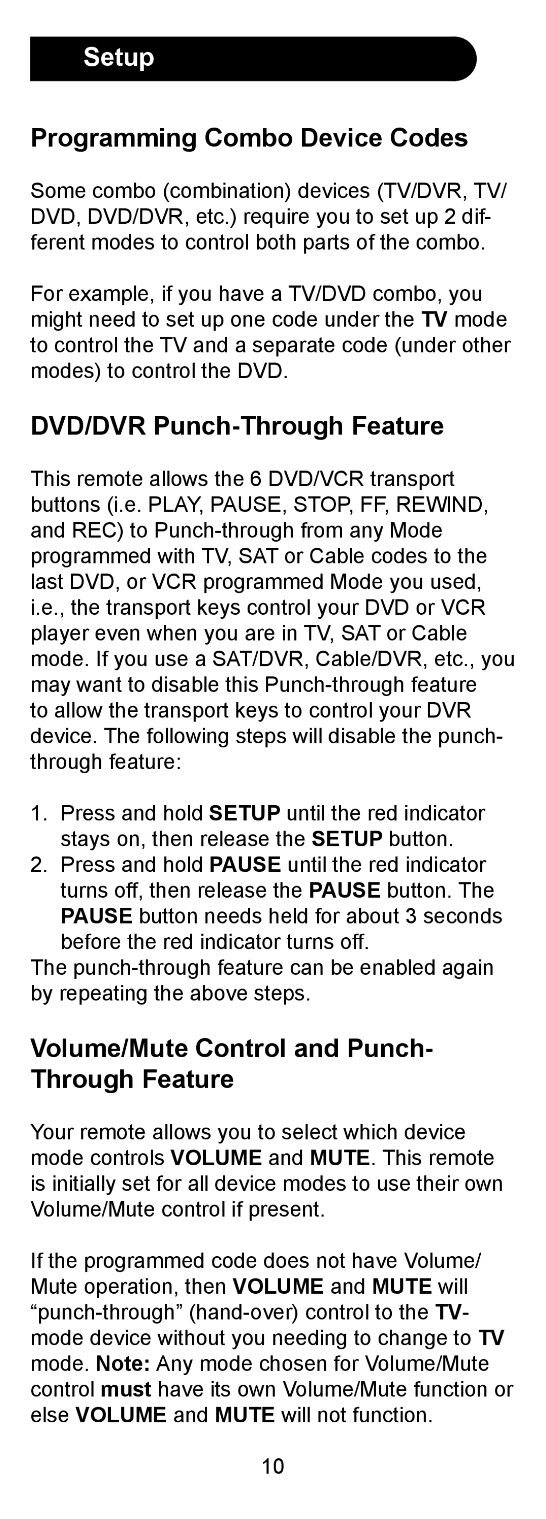 GE 24958 instruction manual Setup, Programming Combo Device Codes, DVD/DVR Punch-Through Feature 