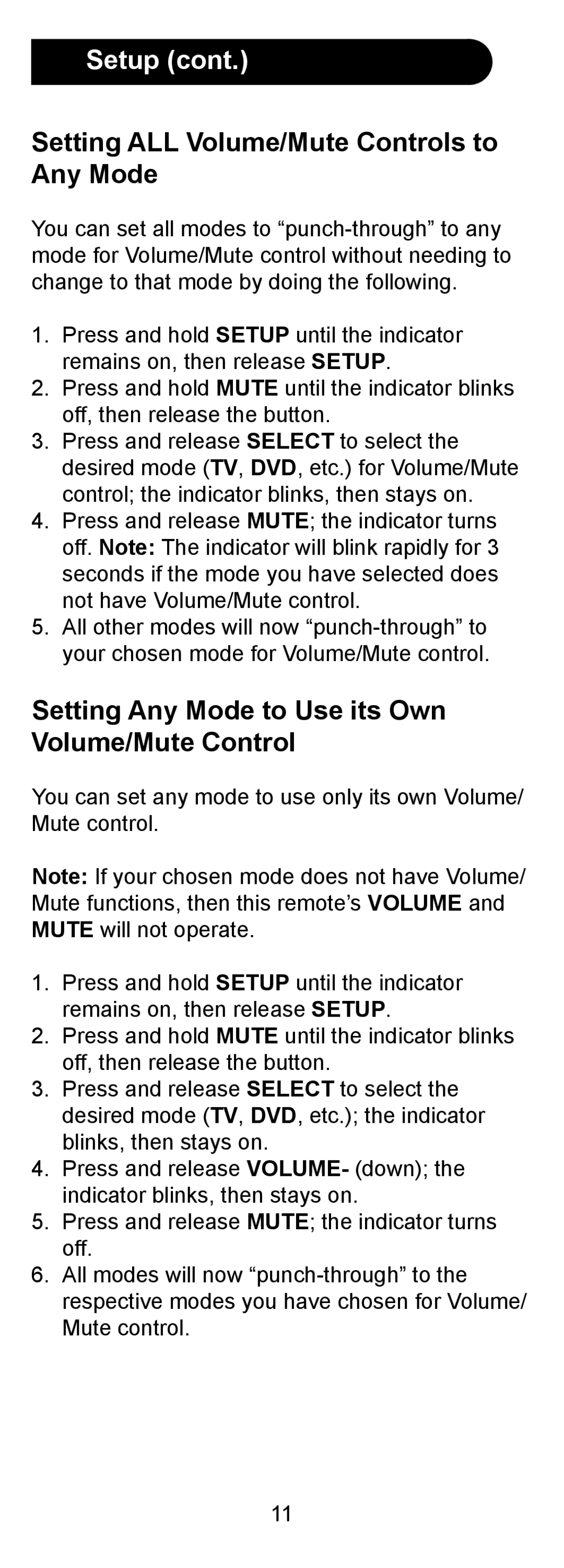 GE 24958 Setting ALL Volume/Mute Controls to Any Mode, Setting Any Mode to Use its Own Volume/Mute Control 