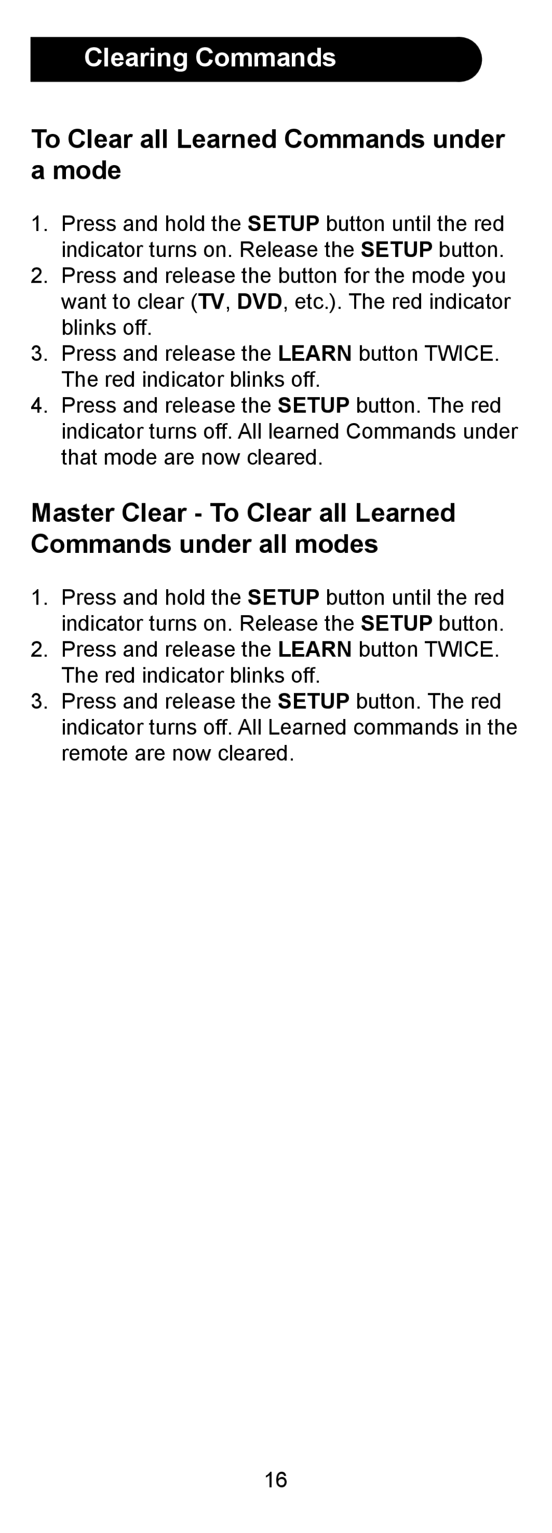 GE 24958 instruction manual Clearing Commands, To Clear all Learned Commands under a mode 