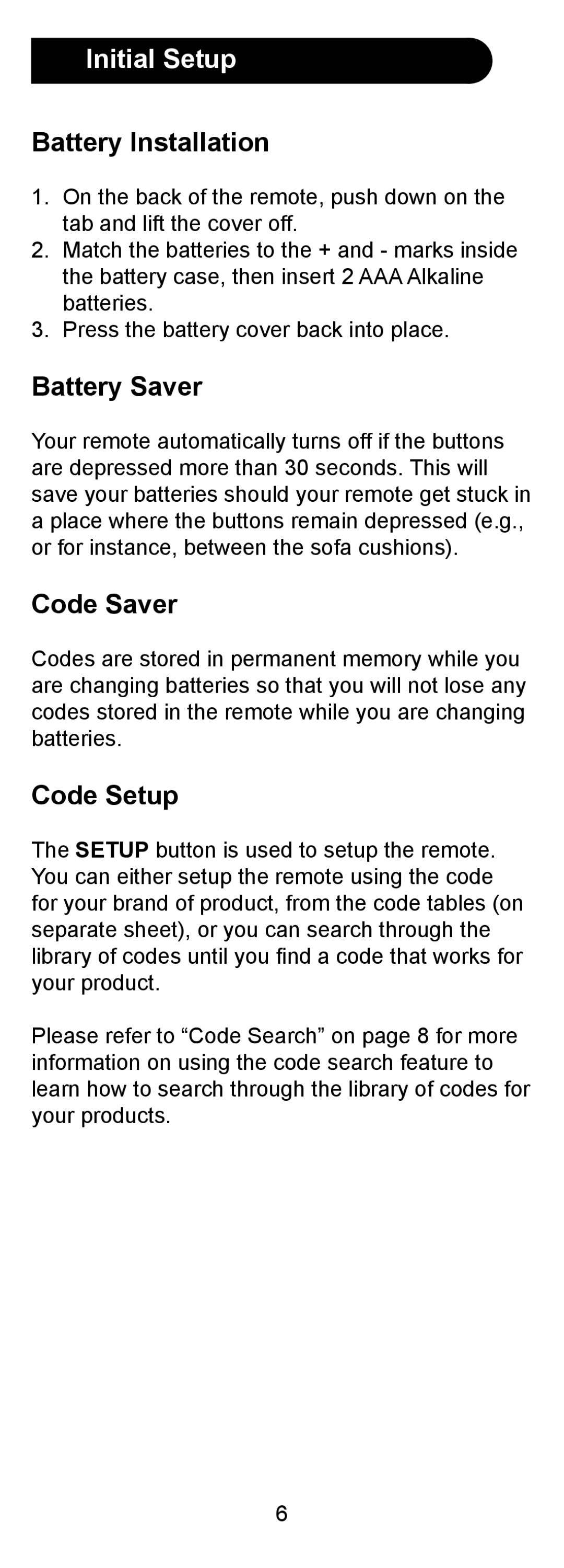 GE 24958 instruction manual Initial Setup, Battery Installation, Battery Saver, Code Saver, Code Setup 