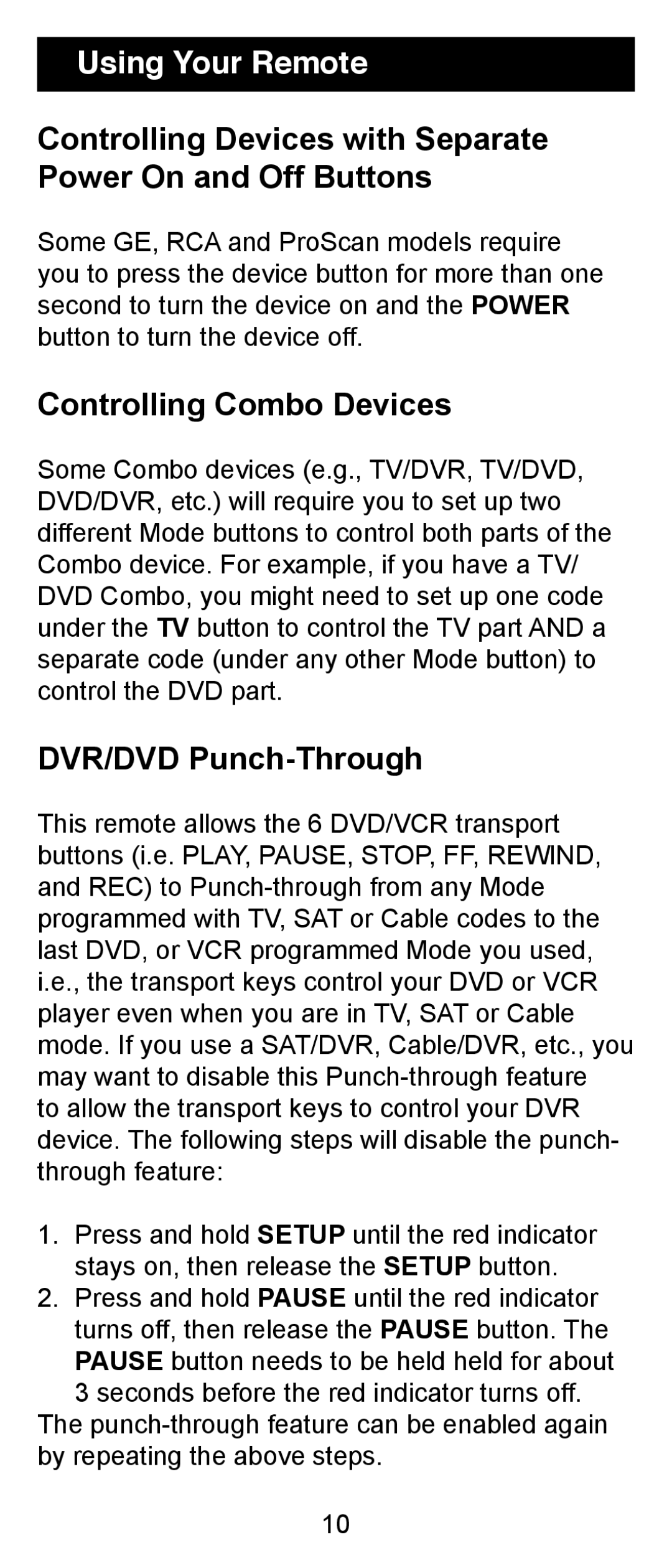 GE 24962 Using Your Remote, Controlling Devices with Separate Power On and Off Buttons, Controlling Combo Devices 