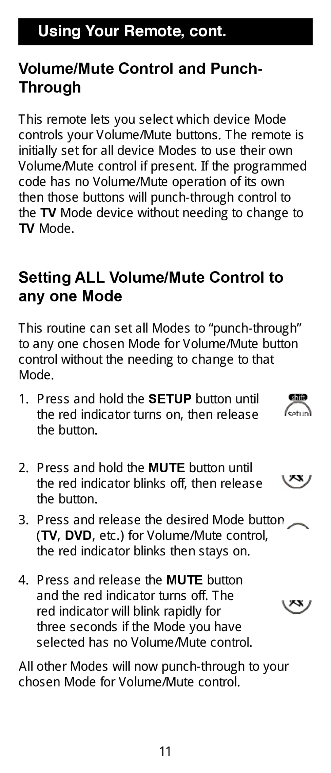 GE 24962 Using Your Remote, Volume/Mute Control and Punch- Through, Setting ALL Volume/Mute Control to any one Mode 