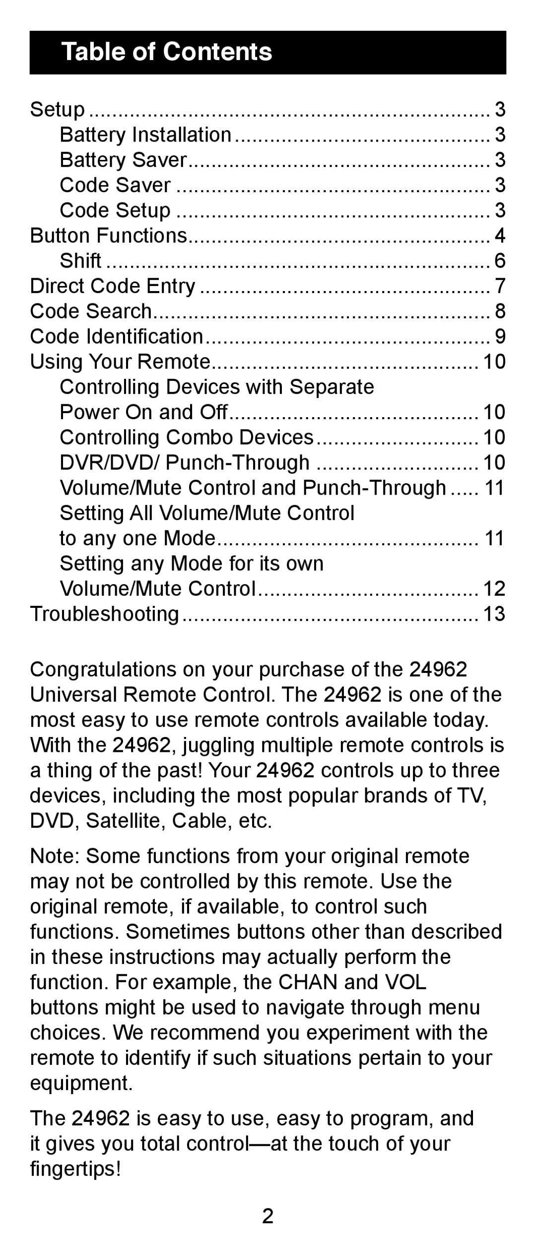 GE 24962 instruction manual Table of Contents 