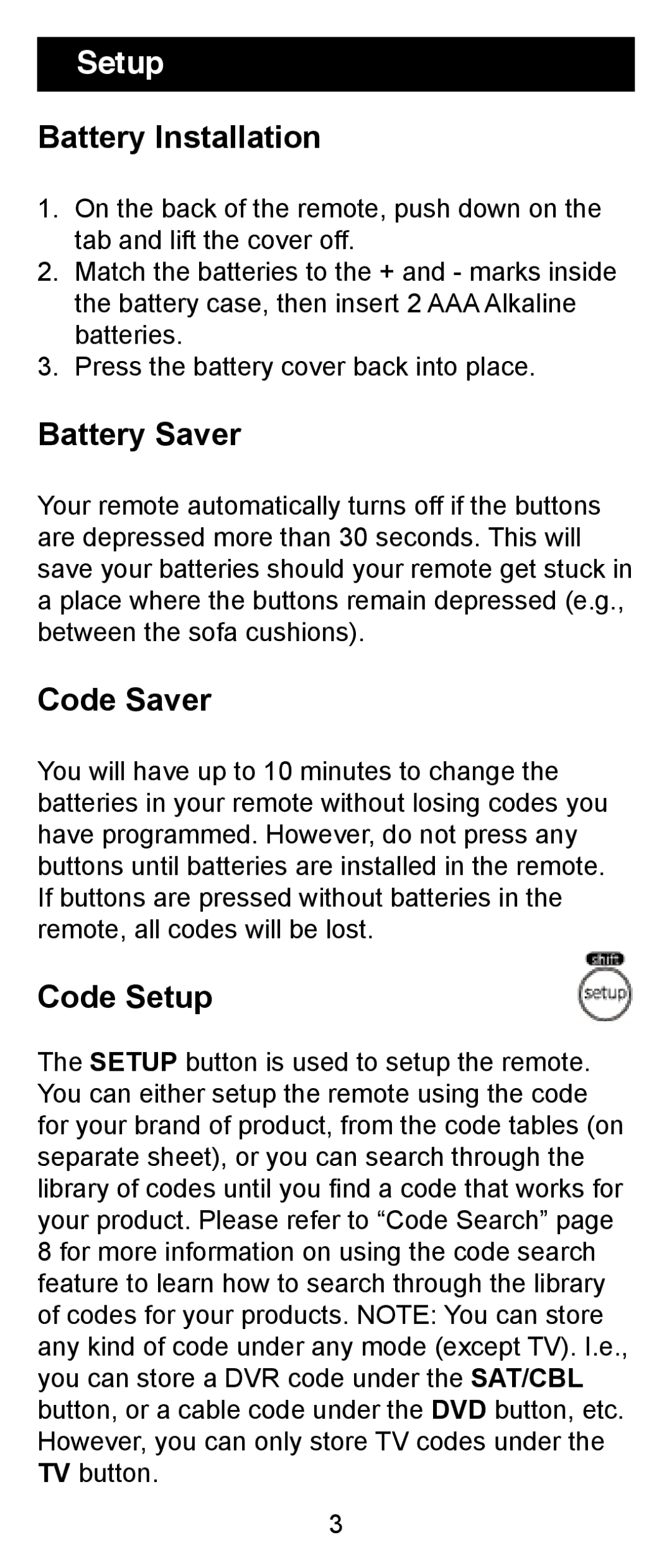 GE 24962 instruction manual Battery Installation, Battery Saver, Code Saver, Code Setup 