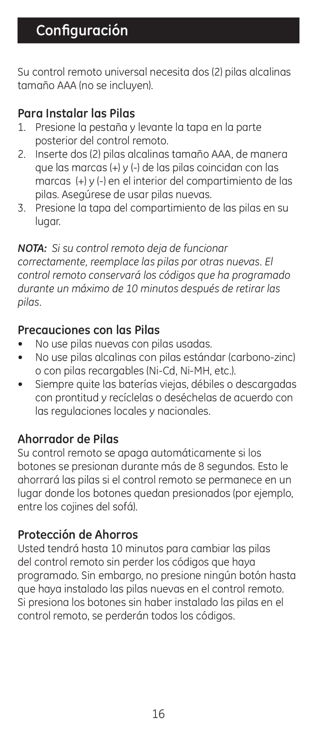 GE 24965 Configuración, Para Instalar las Pilas, Precauciones con las Pilas, Ahorrador de Pilas, Protección de Ahorros 