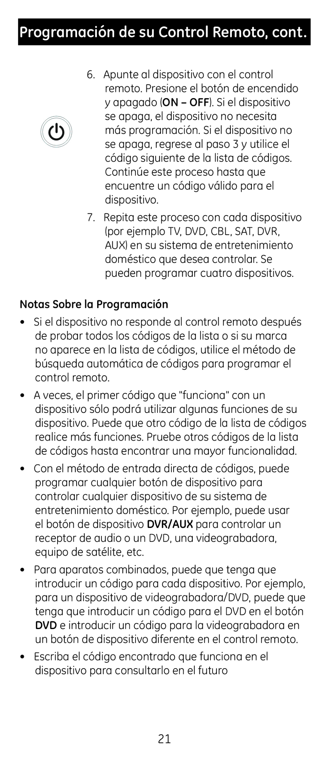 GE 24965 instruction manual Programación de su Control Remoto, Notas Sobre la Programación 