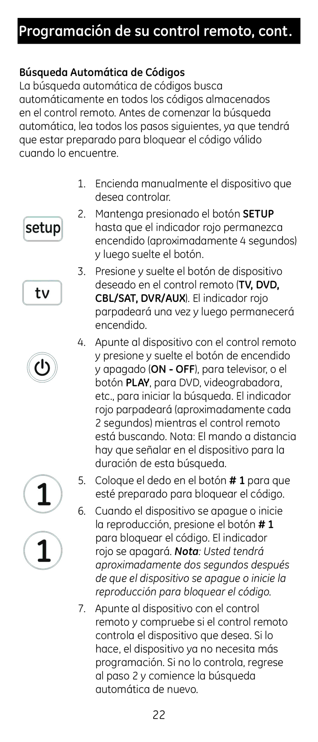 GE 24965 instruction manual Programación de su control remoto, Búsqueda Automática de Códigos 