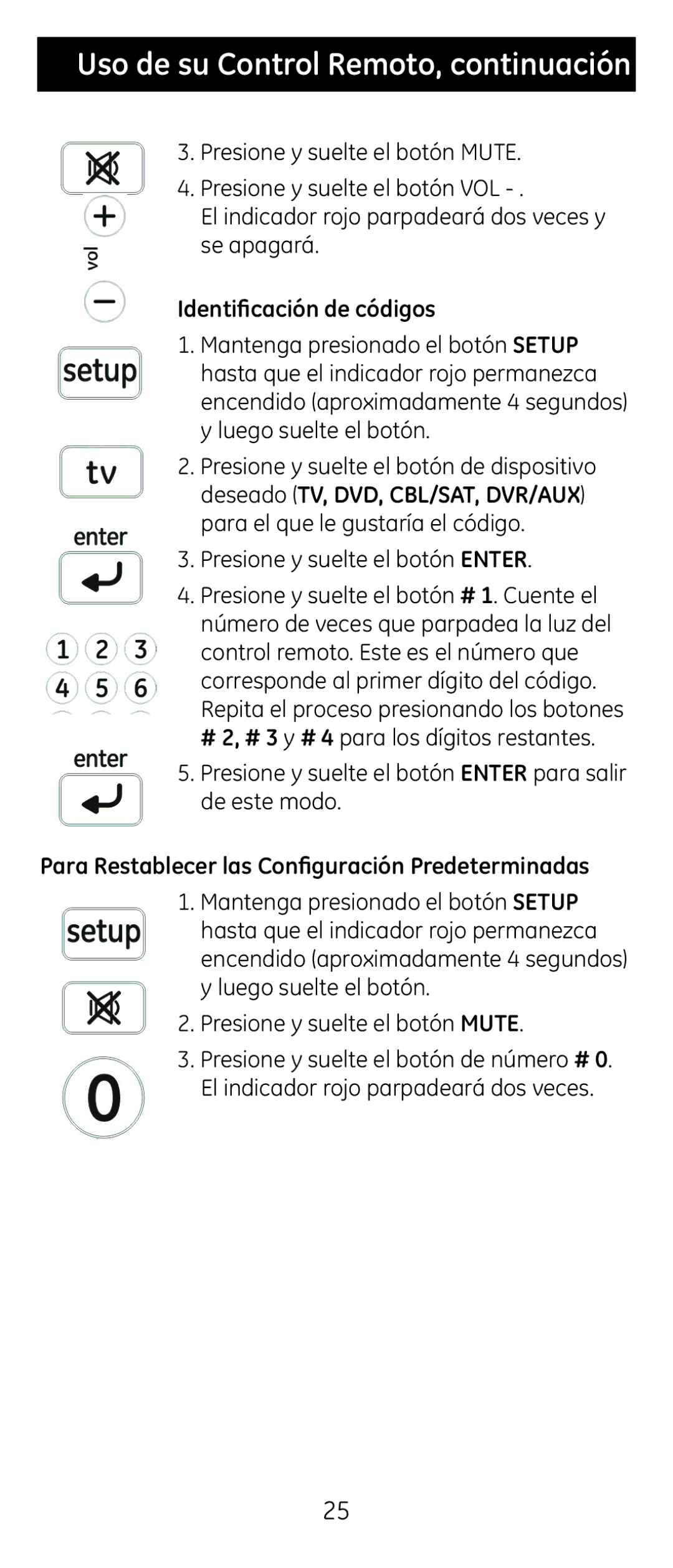 GE 24965 instruction manual Identificación de códigos, Para Restablecer las Configuración Predeterminadas 