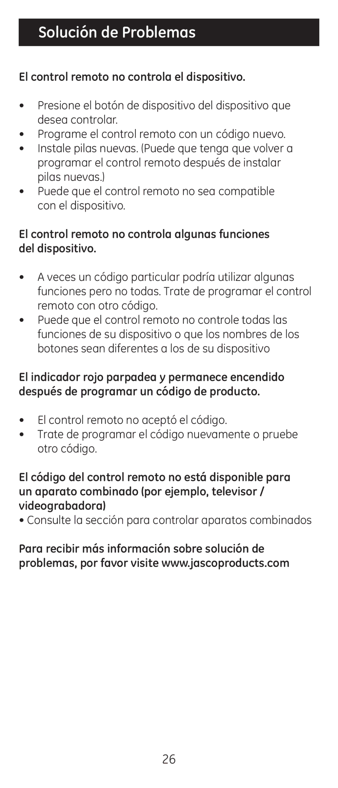 GE 24965 instruction manual Solución de Problemas, El control remoto no controla el dispositivo 