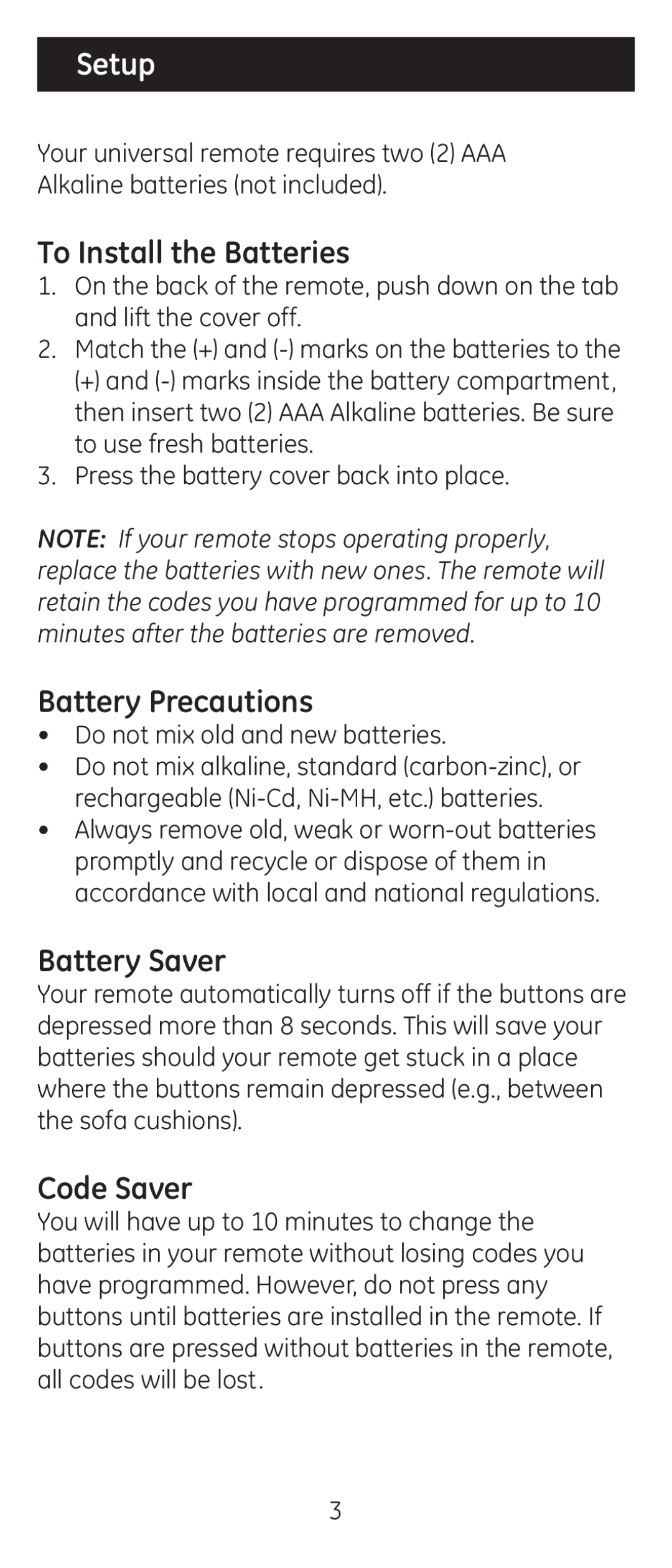 GE 24965 instruction manual Setup, To Install the Batteries 