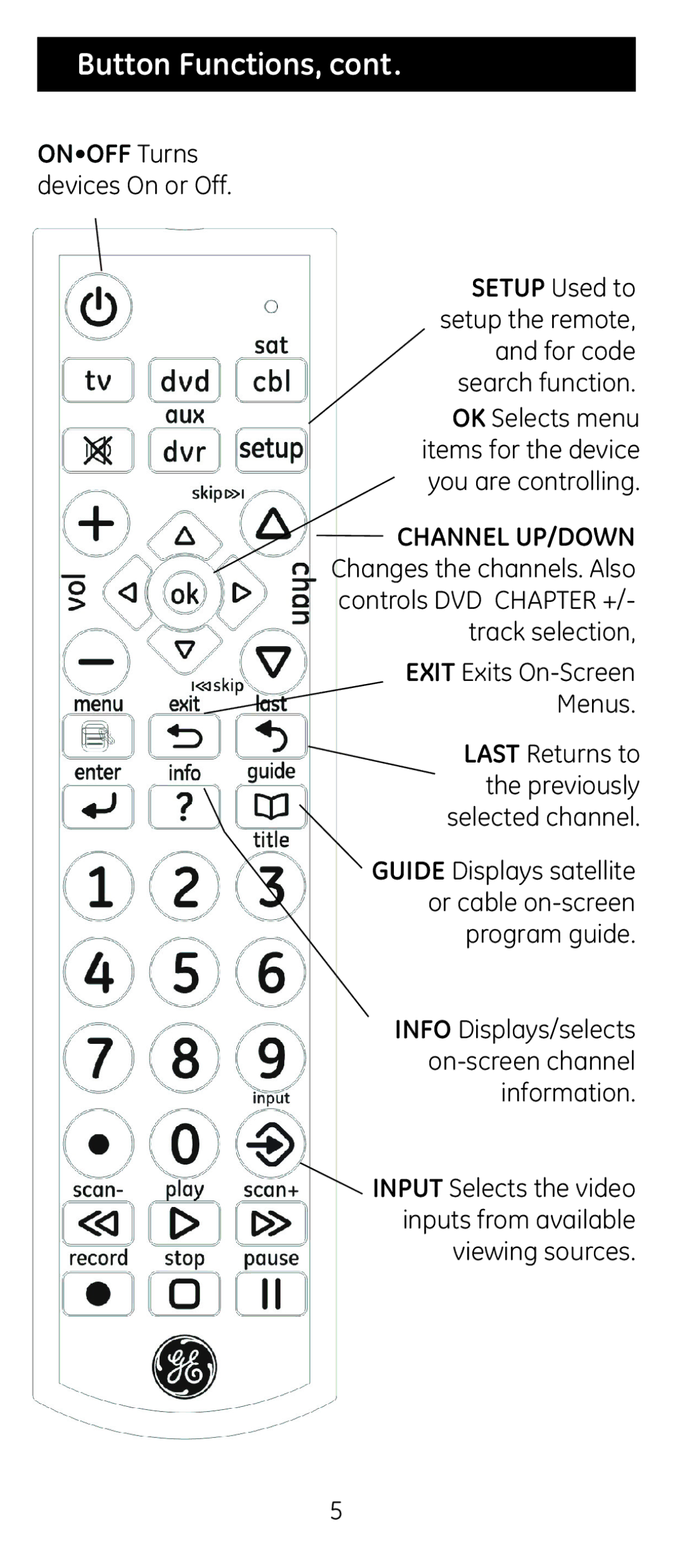 GE 24965 instruction manual Button Functions, Onoff Turns devices On or Off 