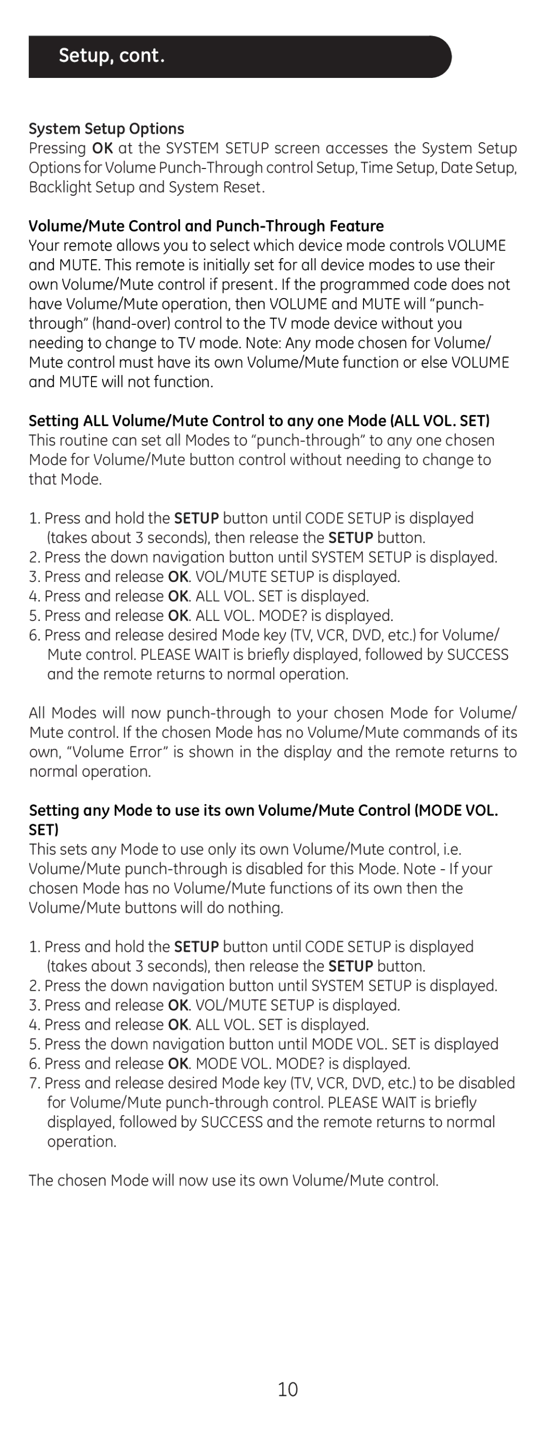 GE 24999 instruction manual System Setup Options, Volume/Mute Control and Punch-Through Feature 