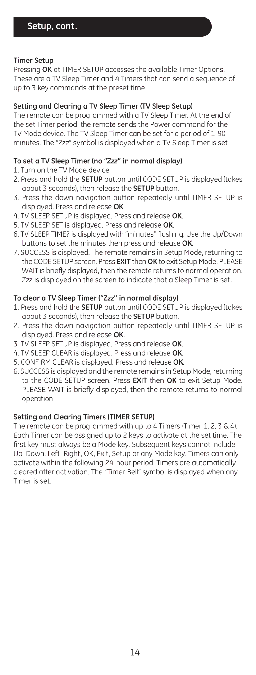 GE 24999 Setting and Clearing a TV Sleep Timer TV Sleep Setup, Setting and Clearing Timers Timer Setup 