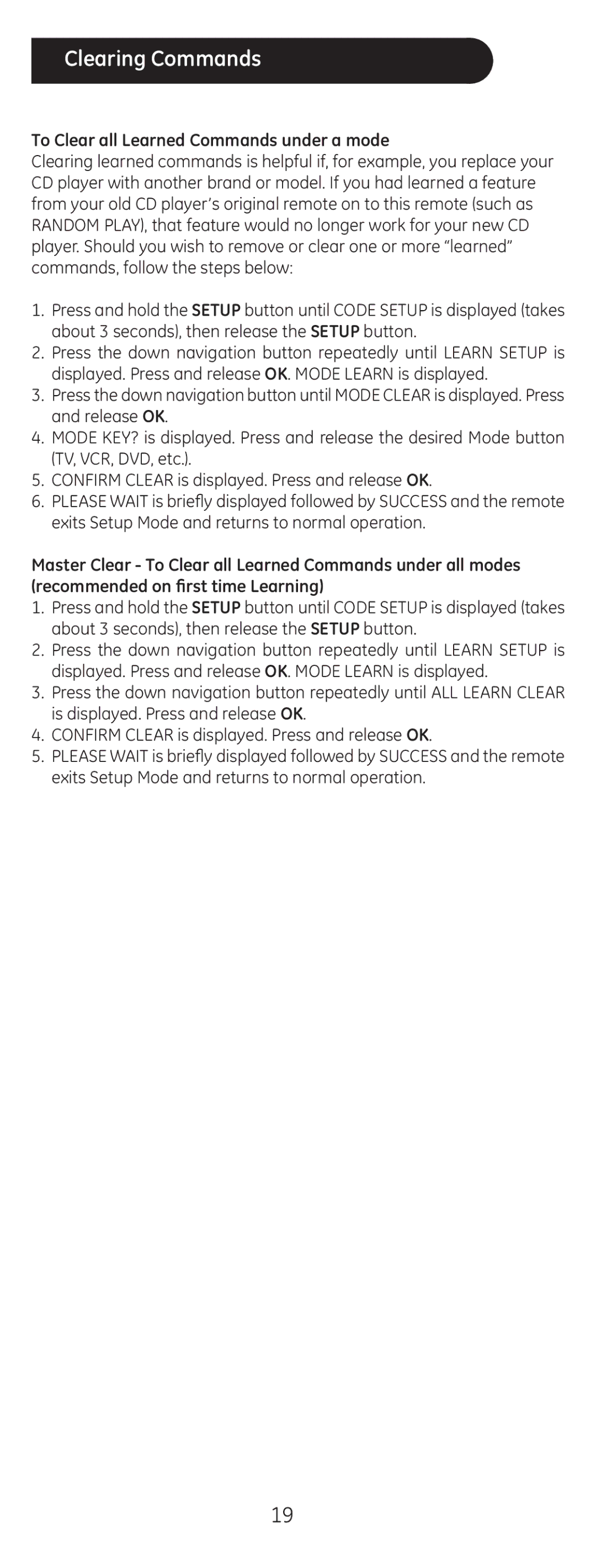 GE 24999 instruction manual Clearing Commands, To Clear all Learned Commands under a mode 