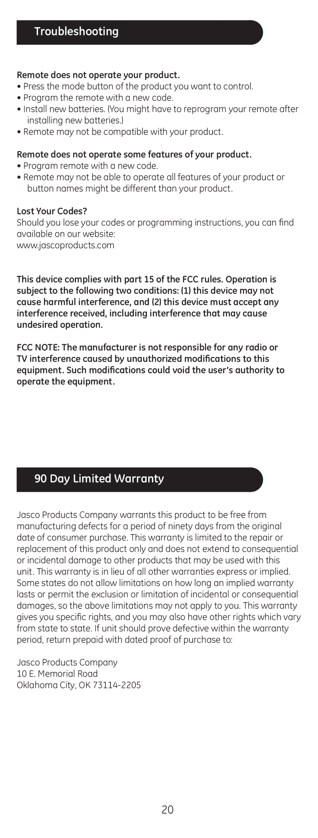 GE 24999 instruction manual Troubleshooting, Day Limited Warranty, Remote does not operate your product, Lost Your Codes? 