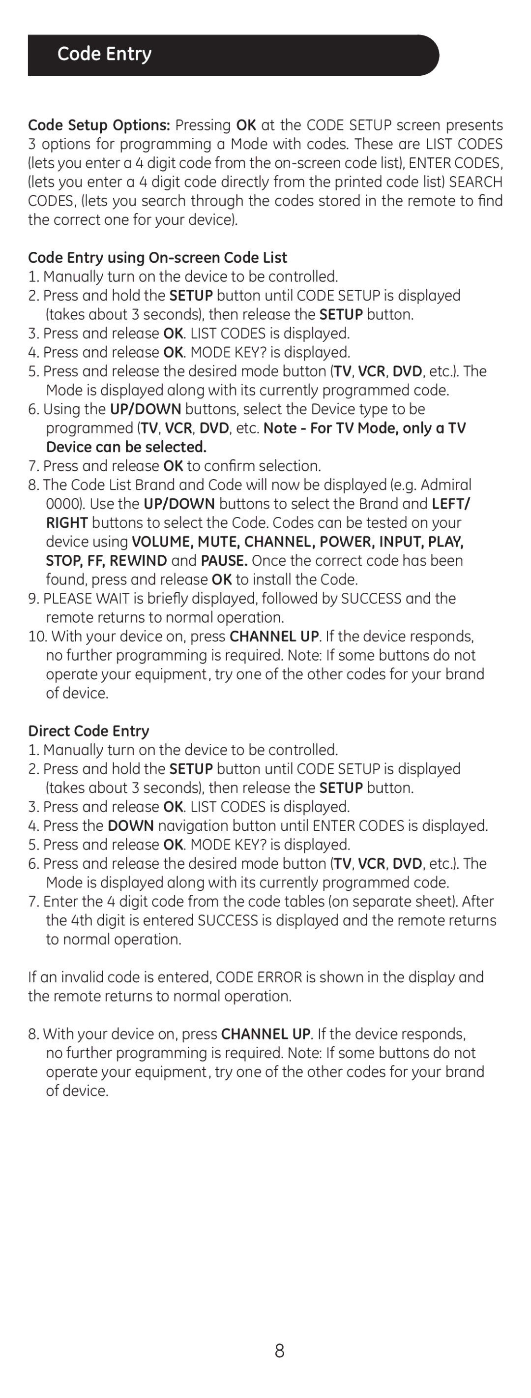 GE 24999 Code Entry using On-screen Code List, Device can be selected, Press and release OK to confirm selection 