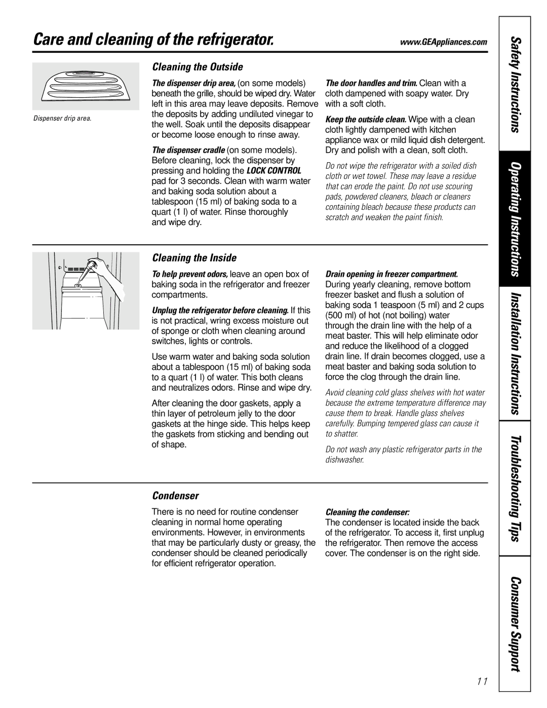 GE 22 Care and cleaning of the refrigerator, Tips Consumer Support, Cleaning the Outside, Cleaning the Inside, Condenser 