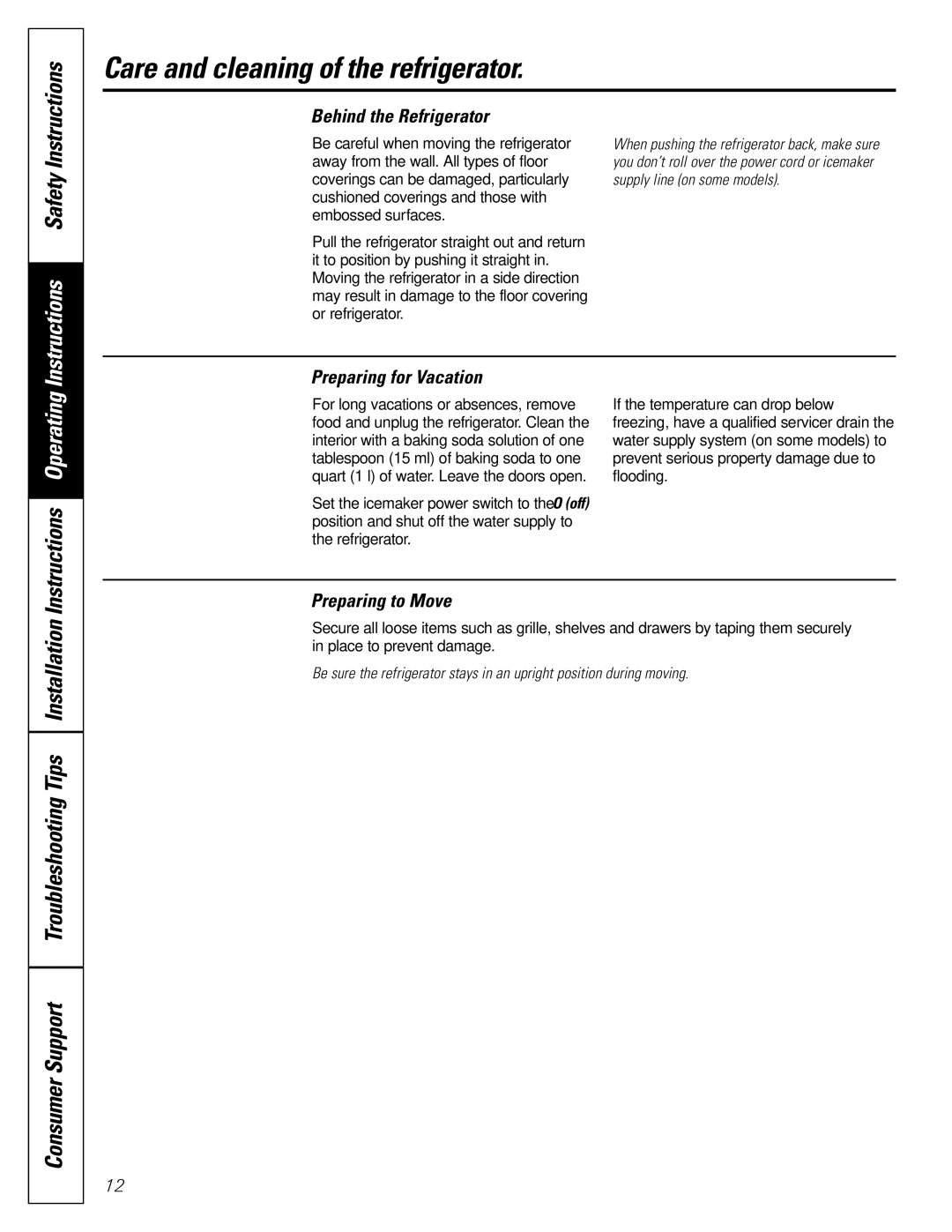 GE 25, 20, 22 manual Behind the Refrigerator, Preparing for Vacation, Preparing to Move 