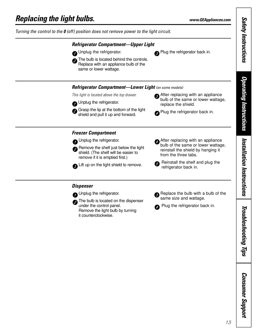 GE 20, 25, 22 manual Replacing the light bulbs, Troubleshooting Tips Consumer Support 