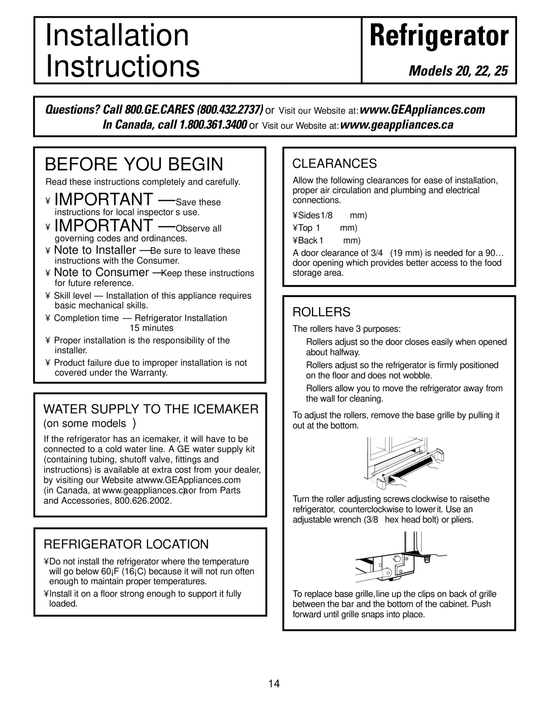 GE 22, 25, 20 manual Refrigerator Location, Clearances, Rollers 