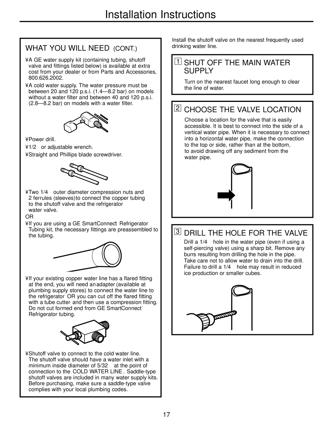 GE 22, 25, 20 manual Shut OFF the Main Water Supply, Choose the Valve Location, Drill the Hole for the Valve 