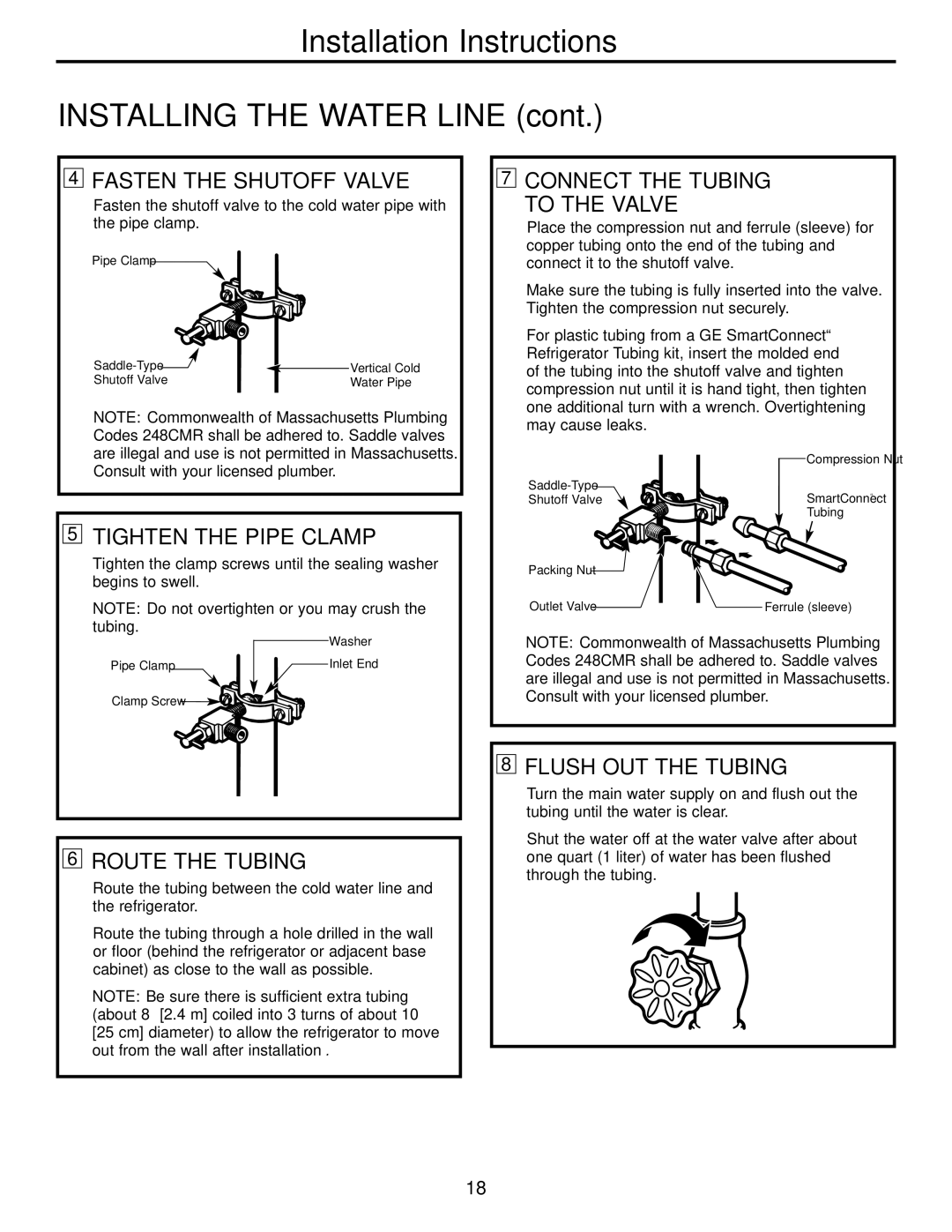 GE 25, 20, 22 manual Fasten the Shutoff Valve, Tighten the Pipe Clamp, Route the Tubing, Connect the Tubing To the Valve 