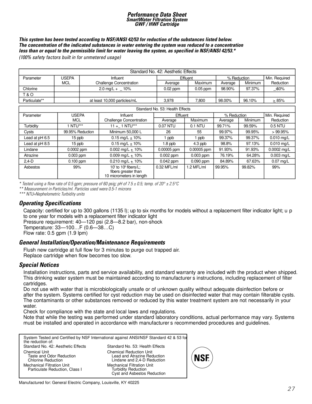 GE 25, 20, 22 Performance Data Sheet, Operating Specifications, General Installation/Operation/Maintenance Requirements 