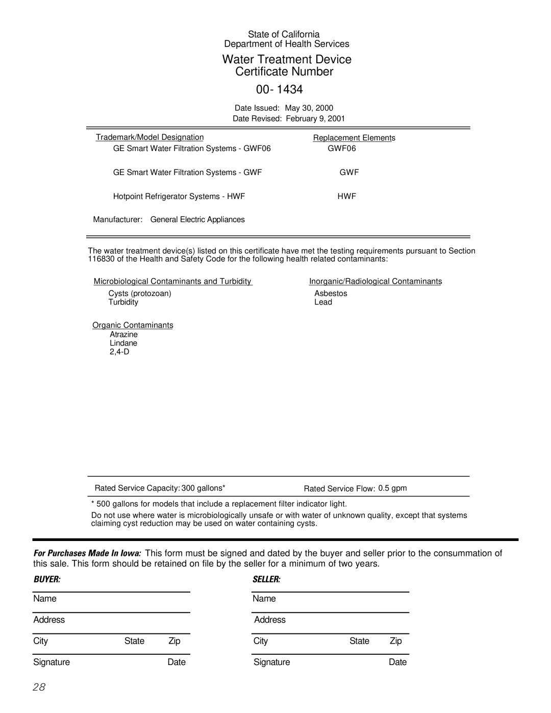 GE 20, 25, 22 manual Water Treatment Device Certificate Number 