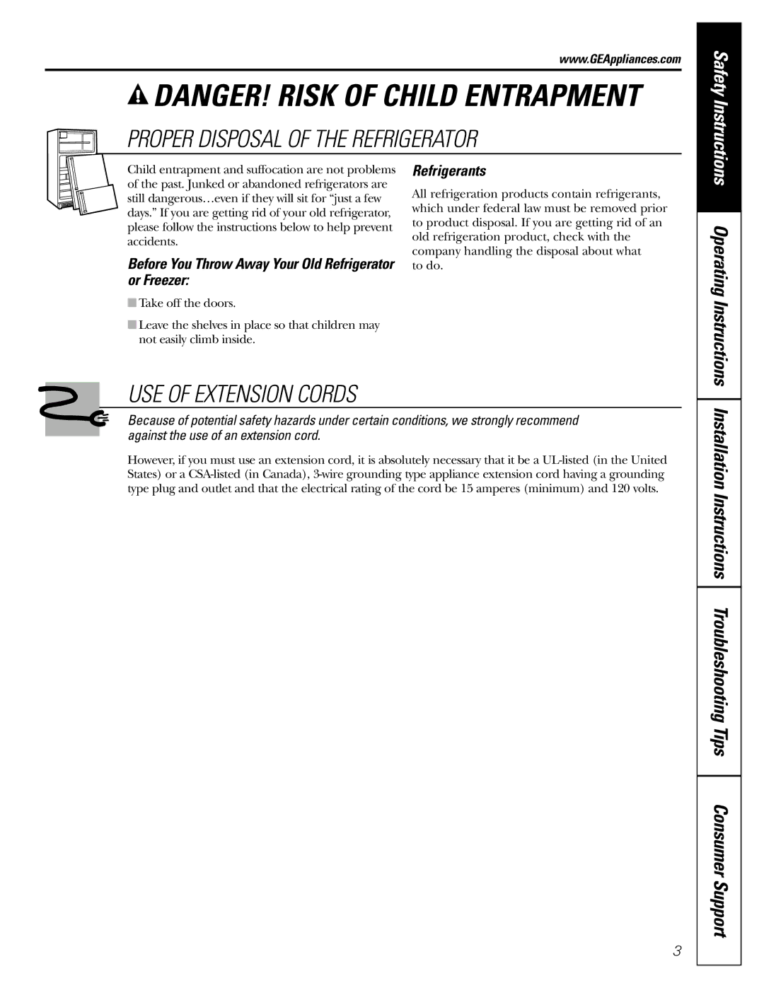 GE 25 Proper Disposal of the Refrigerator, USE of Extension Cords, Before You Throw Away Your Old Refrigerator or Freezer 