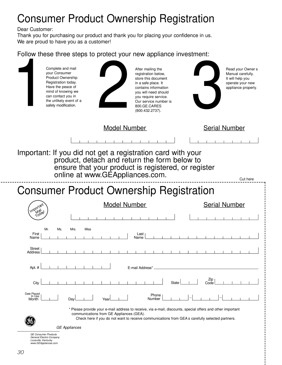 GE 25, 20, 22 manual Consumer Product Ownership Registration 