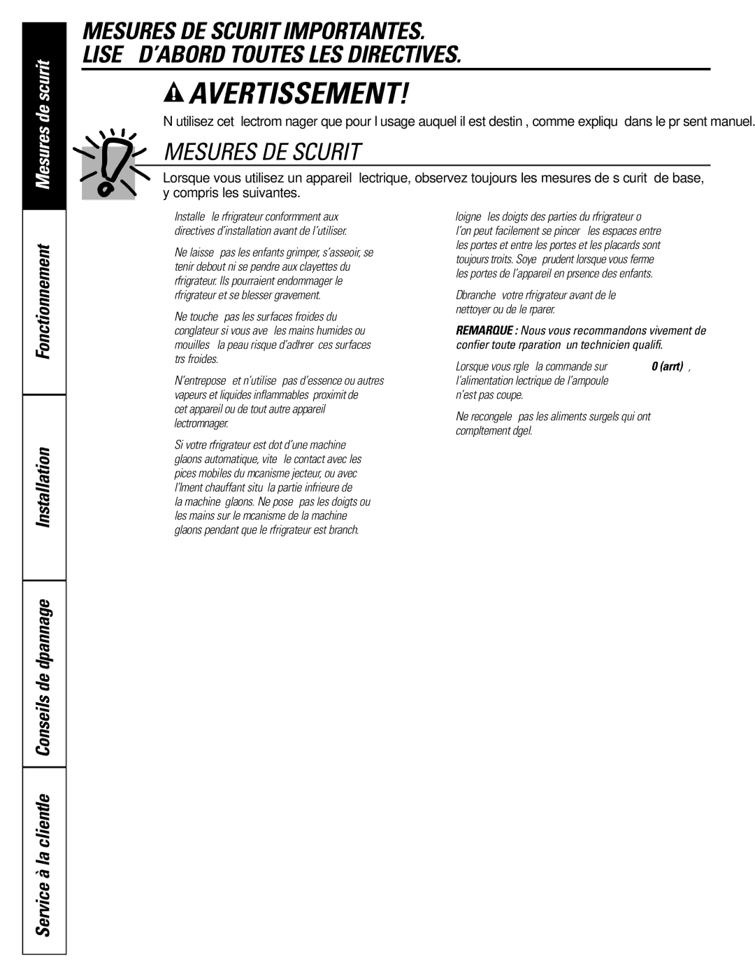 GE 22, 25, 20 manual Mesures DE Sécurité, Fonctionnement Installation, Service à la clientèle Conseils de dépannage 