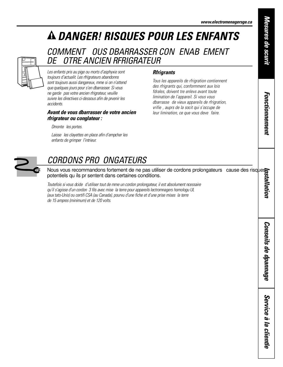 GE 25, 20, 22 manual Cordons Prolongateurs, Réfrigérants 